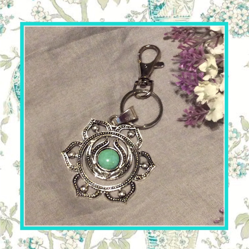 🌺 LOTUS KEYCHAIN FLOWER SILVER GYPSY TEAL TURQUOISE LOBSTER BOHEMIAN BOHO CHIC